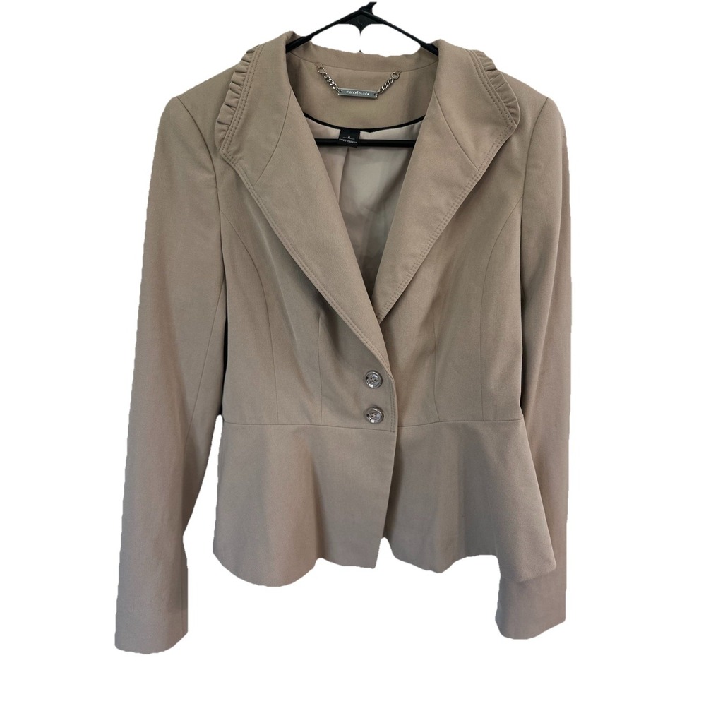 White House Womens Two Button Blazer Ruffle Lapel Peplum‎ Hem Beige 2